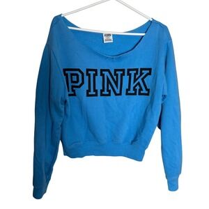 Victoria's Secret PINK Blue Cropped Graphic Sweatshirt Wide Neck Medium